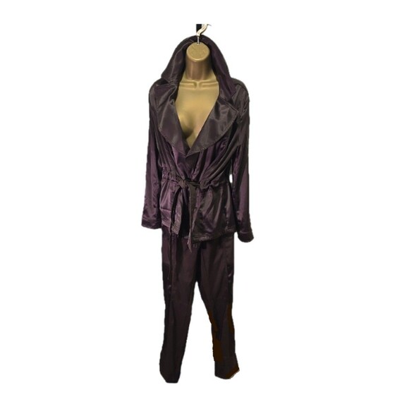 Chocolate Brown Suit Womens 10 Jacket Pants Satin Belted Stretch Ponte Collared - Picture 1 of 12